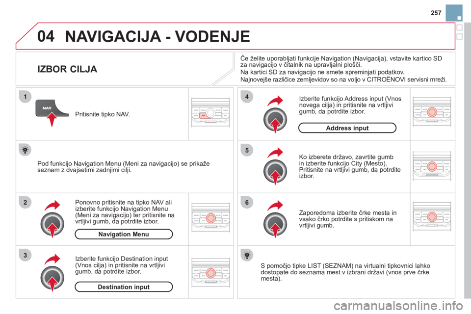 CITROEN DS3 2013 Navodila Za Uporabo (in Slovenian) 257
04
1
2
3
5
6
4
NAVIGACIJA - VODENJE
IZBOR CILJA
Ponovno pritisnite na tipko NAV ali
izberite funkcijo Navigation Menu (Meni za navigacijo) ter pritisnite na
vr CITROEN DS3 2013 Navodila Za Uporabo (in Slovenian) 257
04
1
2
3
5
6
4
NAVIGACIJA - VODENJE
IZBOR CILJA
Ponovno pritisnite na tipko NAV ali
izberite funkcijo Navigation Menu (Meni za navigacijo) ter pritisnite na
vr