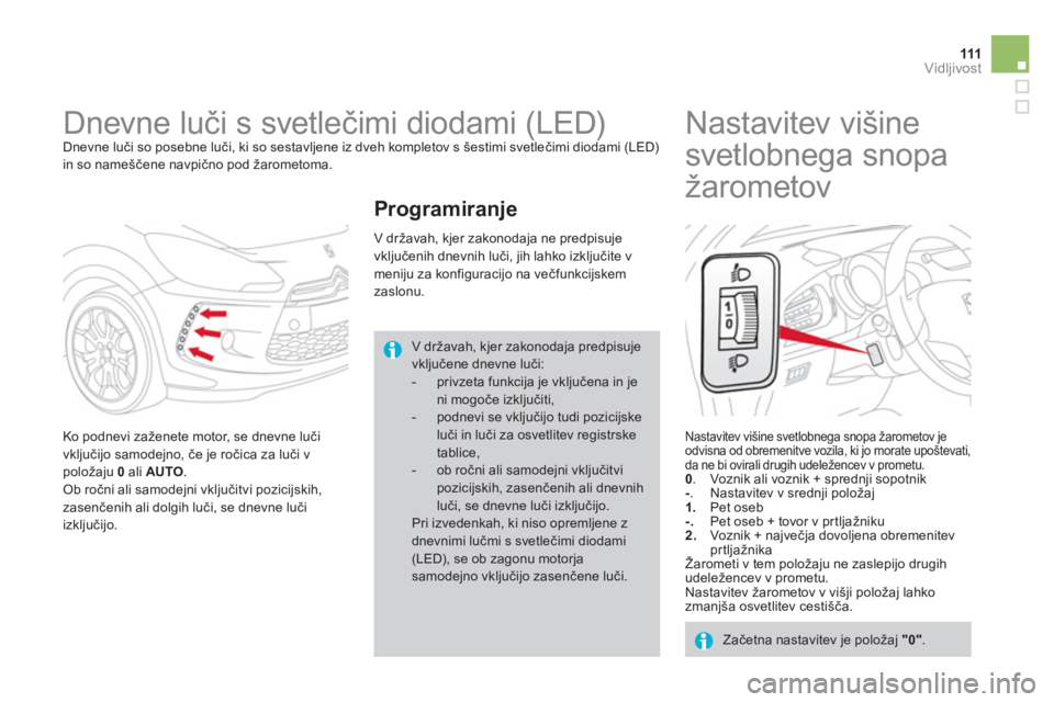 CITROEN DS3 2011  Navodila Za Uporabo (in Slovenian) 111  Vidljivost  
 
 
 
 
 
Dnevne luči s svetlečimi diodami (LED)  
Dnevne luči so posebne luči, ki so sestavljene iz dveh kompletov s šestimi svetlečimi diodami (LED)in so nameščene navpičn