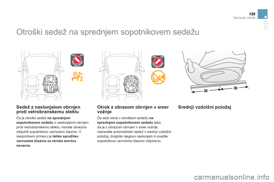 CITROEN DS3 2011  Navodila Za Uporabo (in Slovenian)   Varnost otrok  
 
Otroški sedež na sprednjem sopotnikovem sedežu  
 
 
Sedež z naslonjalom obrnjen proti vetrobranskemu steklu
 
Če je otroški sedež na sprednjem
sopotnikovem sedežuz naslonj