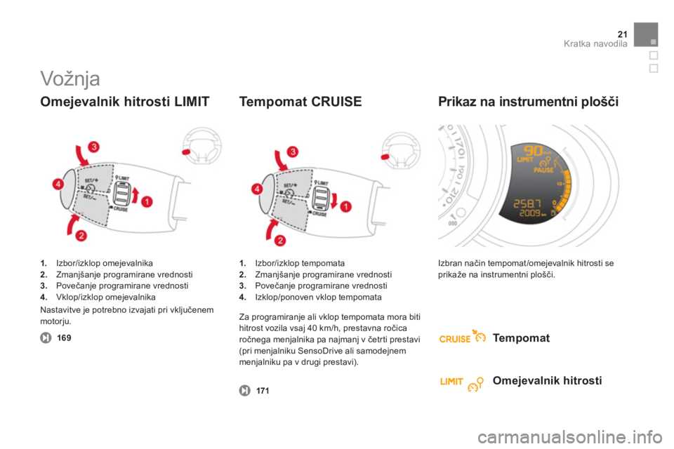 CITROEN DS3 2011  Navodila Za Uporabo (in Slovenian) 21Kratka navodila
  Vožnja  
1. 
 Izbor/izklop omejevalnika2.Zmanjšanje programirane vrednosti3.Povečanje programirane vrednosti4. 
 Vklop/izklop omejevalnika  
 
 
Omejevalnik hitrosti LIMIT
169
1