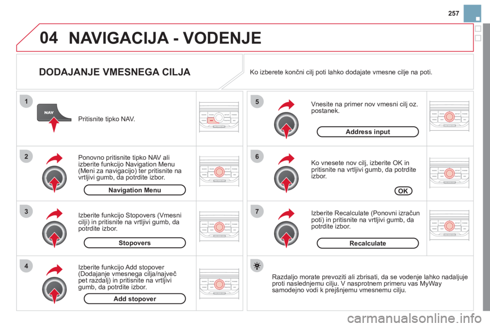 CITROEN DS3 2011  Navodila Za Uporabo (in Slovenian) 04
7
6
5
4
3
2
1
257
   
DODAJANJE VMESNEGA CILJA 
 
 
Vnesite na primer nov vmesni cilj oz.postanek. 
   
Ko vnesete nov cil
j, izberite OK in pritisnite na vrtljivi gumb, da potrdite
izbor.  
   
Iz