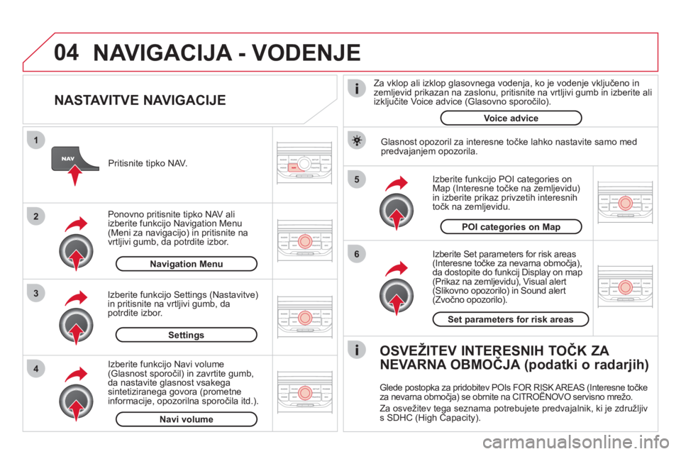 CITROEN DS3 2011 Navodila Za Uporabo (in Slovenian) 04
5
6
3 2 1
4
NASTAVITVE NAVIGACIJE
Izberite Set parameters for risk areas (Interesne točke za nevarna območja),
da dostopite do funkcij Display on map (Prikaz na zemljevidu), Visual alert CITROEN DS3 2011 Navodila Za Uporabo (in Slovenian) 04
5
6
3 2 1
4
NASTAVITVE NAVIGACIJE
Izberite Set parameters for risk areas (Interesne točke za nevarna območja),
da dostopite do funkcij Display on map (Prikaz na zemljevidu), Visual alert