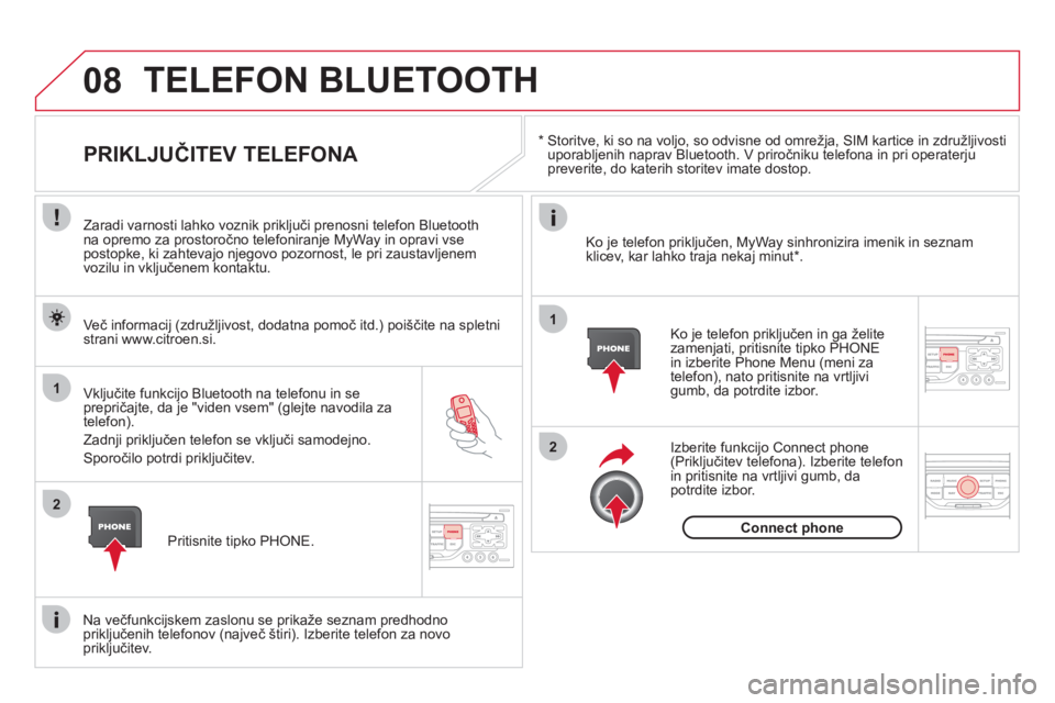 CITROEN DS3 2011  Navodila Za Uporabo (in Slovenian) 08
1
2
2
1
   * 
 
  Storitve, ki so na voljo, so odvisne od omrežja, SIM kartice in združljivostiuporabljenih naprav Bluetooth. V priročniku telefona in pri operaterju preverite, do katerih storit
