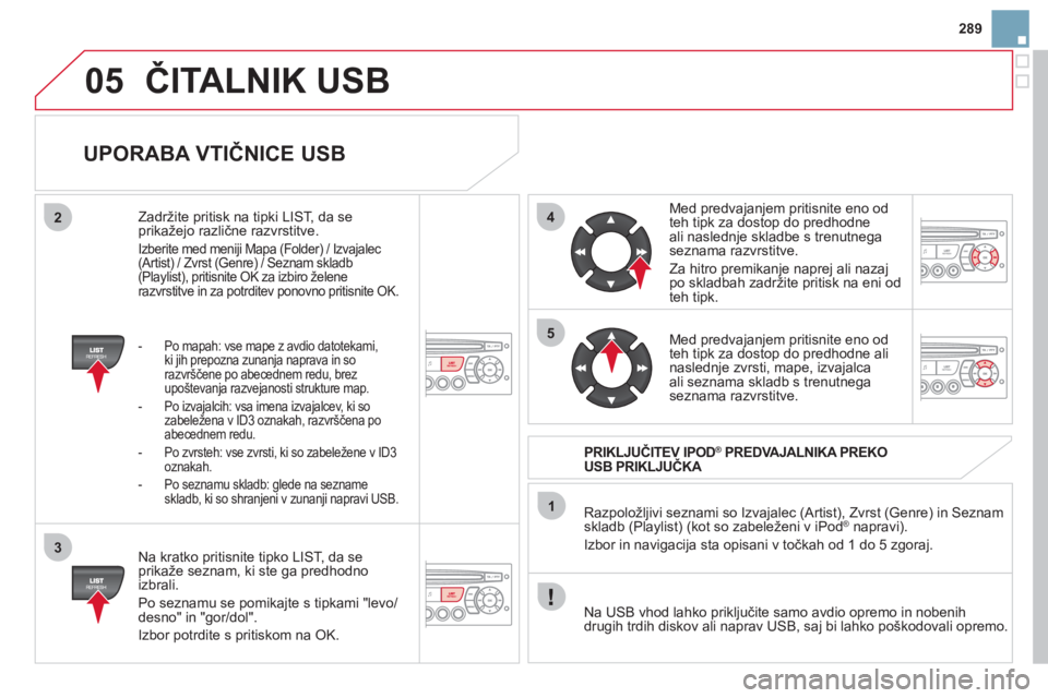 CITROEN DS3 2011 Navodila Za Uporabo (in Slovenian) 05
42
3
1
5
289
ČITALNIK USB
UPORABA VTIČNICE USB
Na kratko pritisnite tipko LIST, da seprikaže seznam, ki ste ga predhodno
izbrali.
Po seznamu se pomika
jte s tipkami "levo/desno" in " CITROEN DS3 2011 Navodila Za Uporabo (in Slovenian) 05
42
3
1
5
289
ČITALNIK USB
UPORABA VTIČNICE USB
Na kratko pritisnite tipko LIST, da seprikaže seznam, ki ste ga predhodno
izbrali.
Po seznamu se pomika
jte s tipkami "levo/desno" in "