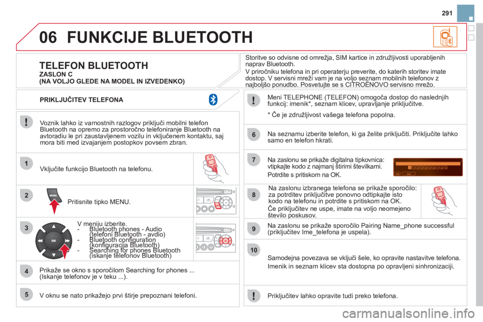 CITROEN DS3 2011 Navodila Za Uporabo (in Slovenian) 06
2
3
4
5
6
7
8
9
10
291
FUNKCIJE BLUETOOTH
Voznik lahko iz varnostnih razlogov priključi mobilni telefon
Bluetooth na opremo za prostoročno telefoniranje Bluetooth na
avtoradiu le pri zaustavl CITROEN DS3 2011 Navodila Za Uporabo (in Slovenian) 06
2
3
4
5
6
7
8
9
10
291
FUNKCIJE BLUETOOTH
Voznik lahko iz varnostnih razlogov priključi mobilni telefon
Bluetooth na opremo za prostoročno telefoniranje Bluetooth na
avtoradiu le pri zaustavl