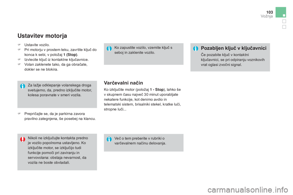 CITROEN DS3 CABRIO 2017  Navodila Za Uporabo (in Slovenian) 103
DS3_sl_Chap04_conduite_ed02-2015
Za lažje odklepanje volanskega droga 
svetujemo, da, predno izključite motor, 
kolesa poravnate v smeri vozila.
Nikoli ne izključujte kontakta predno 
je vozilo