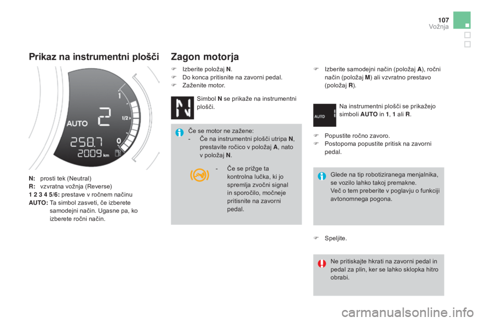 CITROEN DS3 CABRIO 2017  Navodila Za Uporabo (in Slovenian) 107
DS3_sl_Chap04_conduite_ed02-2015
Prikaz na instrumentni plošči
N: prosti tek (Neutral)
R: vzvratna vožnja (Reverse)
1
  2   3   4   5/6: prestave v ročnem načinu
AUTO:  
 
T
 a simbol zasveti