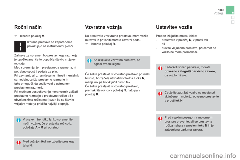CITROEN DS3 CABRIO 2017 Navodila Za Uporabo (in Slovenian) 109
DS3_sl_Chap04_conduite_ed02-2015
Zahteva za spremembo prestavnega razmerja
je upoštevana, če to dopušča število vrtljajev
motorja.
Med spreminjanjem prestavnega razmerja, ni
potrebno spust CITROEN DS3 CABRIO 2017 Navodila Za Uporabo (in Slovenian) 109
DS3_sl_Chap04_conduite_ed02-2015
Zahteva za spremembo prestavnega razmerja
je upoštevana, če to dopušča število vrtljajev
motorja.
Med spreminjanjem prestavnega razmerja, ni
potrebno spust
