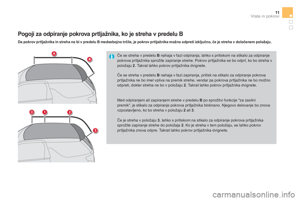 CITROEN DS3 CABRIO 2017  Navodila Za Uporabo (in Slovenian) 11Vrata in pokrovi
   
Če se streha v predelu  B 
 nahaja v fazi odpiranja, lahko s pritiskom na stikalo za odpiranje 
pokrova prtljažnika sprožite zapiranje strehe. Pokrov prtljažnika se bo odprl