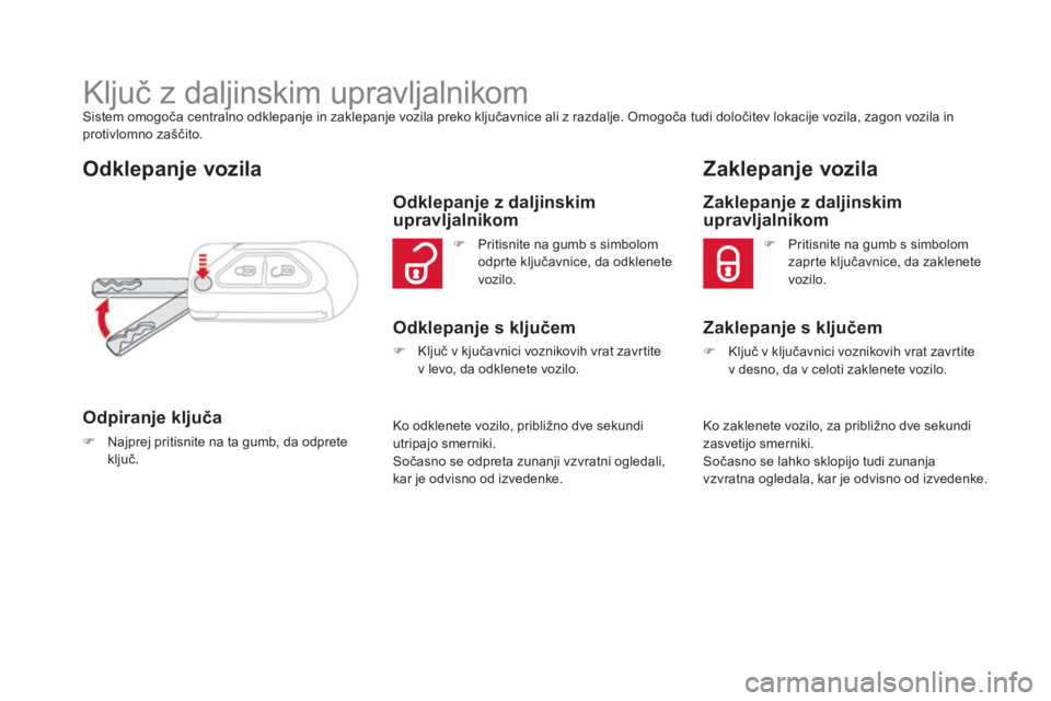 CITROEN DS3 CABRIO 2017 Navodila Za Uporabo (in Slovenian) DS3_sl_Chap02_ouvertures_ed02-2015
Ključ z daljinskim upravljalnikomSistem omogoča centralno odklepanje in zaklepanje vozila preko ključavnice ali z razdalje. Omogoča tudi določitev lokacije vozi CITROEN DS3 CABRIO 2017 Navodila Za Uporabo (in Slovenian) DS3_sl_Chap02_ouvertures_ed02-2015
Ključ z daljinskim upravljalnikomSistem omogoča centralno odklepanje in zaklepanje vozila preko ključavnice ali z razdalje. Omogoča tudi določitev lokacije vozi