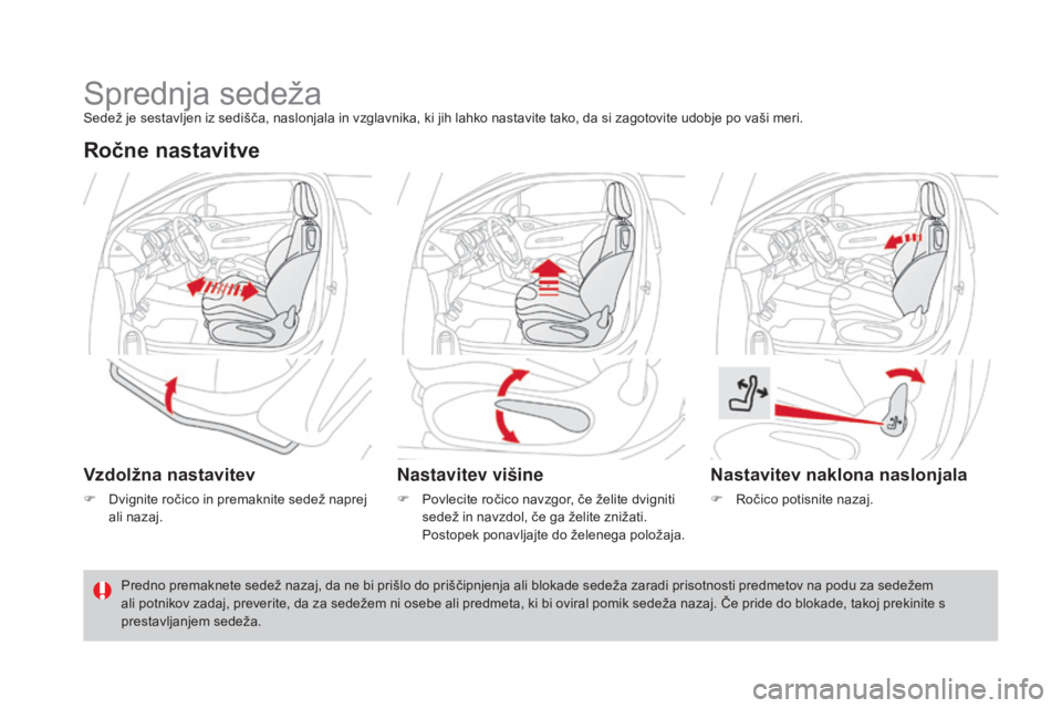 CITROEN DS3 CABRIO 2017  Navodila Za Uporabo (in Slovenian) DS3_sl_Chap03_confort_ed02-2015
Sprednja sedežaSedež je sestavljen iz sedišča, naslonjala in vzglavnika, ki jih lahko nastavite tako, da si zagotovite udobje po vaši meri.
Ročne nastavitve
vzdol