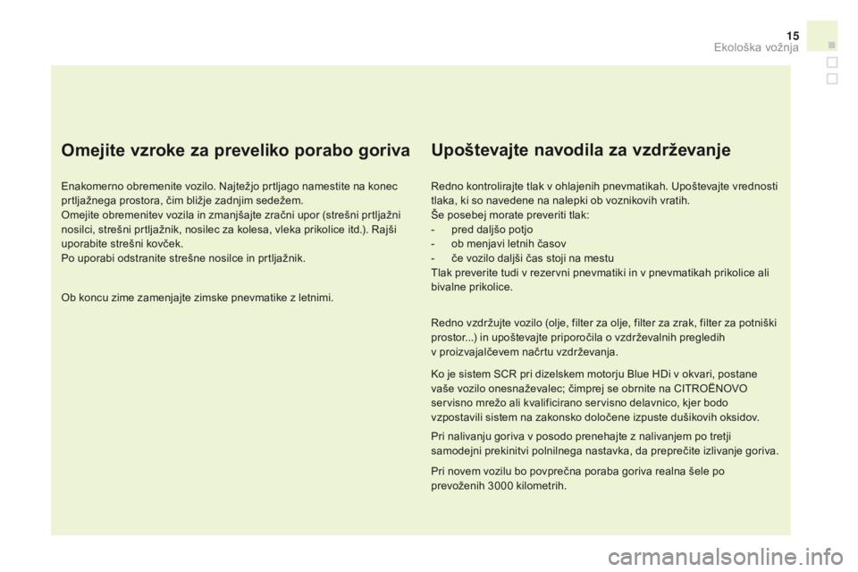 CITROEN DS3 CABRIO 2016 Navodila Za Uporabo (in Slovenian) 15
DS3_sl_Chap00c_eco-conduite_ed01-2015
omejite vzroke za preveliko porabo goriva
Enakomerno obremenite vozilo. Najtežjo prtljago namestite na konec
prtljažnega prostora, čim bližje zadnjim sede CITROEN DS3 CABRIO 2016 Navodila Za Uporabo (in Slovenian) 15
DS3_sl_Chap00c_eco-conduite_ed01-2015
omejite vzroke za preveliko porabo goriva
Enakomerno obremenite vozilo. Najtežjo prtljago namestite na konec
prtljažnega prostora, čim bližje zadnjim sede