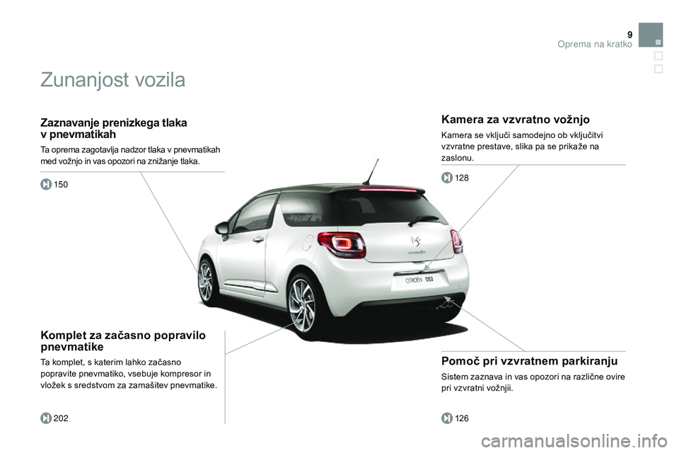 CITROEN DS3 CABRIO 2015 Navodila Za Uporabo (in Slovenian) 9
DS3_sl_Chap00b_vue-ensemble_ed01-2014
Zaznavanje prenizkega tlaka
v pnevmatikah
Ta oprema zagotavlja nadzor tlaka v pnevmatikah
med vožnjo in vas opozori na znižanje tlaka.
150
202
Komplet za z CITROEN DS3 CABRIO 2015 Navodila Za Uporabo (in Slovenian) 9
DS3_sl_Chap00b_vue-ensemble_ed01-2014
Zaznavanje prenizkega tlaka
v pnevmatikah
Ta oprema zagotavlja nadzor tlaka v pnevmatikah
med vožnjo in vas opozori na znižanje tlaka.
150
202
Komplet za z