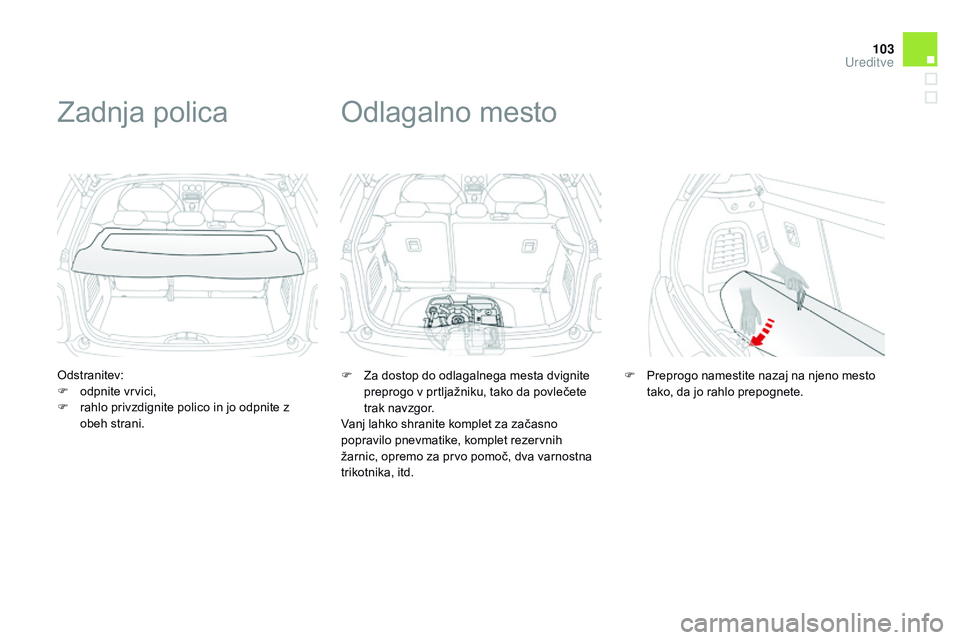 CITROEN DS3 CABRIO 2015 Navodila Za Uporabo (in Slovenian) 103
DS3_sl_Chap05_amenagement_ed01-2014
Odstranitev:
F o dpnite vrvici,
F
r
ahlo privzdignite polico in jo odpnite z
obeh strani.
Zadnja polica
F Za dostop do odlagalnega mesta dvignite preprogo CITROEN DS3 CABRIO 2015 Navodila Za Uporabo (in Slovenian) 103
DS3_sl_Chap05_amenagement_ed01-2014
Odstranitev:
F o dpnite vrvici,
F
r
ahlo privzdignite polico in jo odpnite z
obeh strani.
Zadnja polica
F Za dostop do odlagalnega mesta dvignite preprogo
