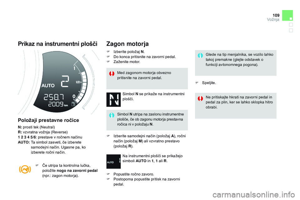 CITROEN DS3 CABRIO 2015  Navodila Za Uporabo (in Slovenian) 109
DS3_sl_Chap06_conduite_ed01-2014
Prikaz na instrumentni plošči
Položaji prestavne ročice
N: prosti tek (Neutral)
R:  vzvratna vožnja (Reverse)
1 2 3 4 5/6 : prestave v ročnem načinu
aU

T o