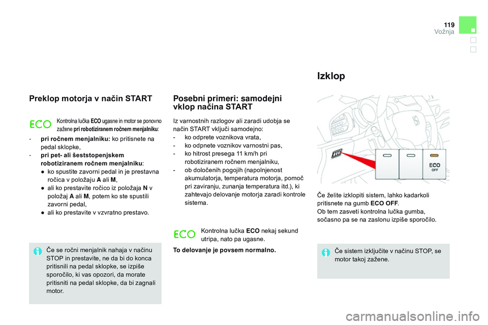 CITROEN DS3 CABRIO 2015 Navodila Za Uporabo (in Slovenian) 11 9
DS3_sl_Chap06_conduite_ed01-2014
Preklop motorja v način STaRT
Kontrolna lučka ECO ugasne in motor se ponovno
zažene pri robotiziranem ročnem menjalniku :
- pri ročnem menjalniku: ko pritis CITROEN DS3 CABRIO 2015 Navodila Za Uporabo (in Slovenian) 11 9
DS3_sl_Chap06_conduite_ed01-2014
Preklop motorja v način STaRT
Kontrolna lučka ECO ugasne in motor se ponovno
zažene pri robotiziranem ročnem menjalniku :
- pri ročnem menjalniku: ko pritis