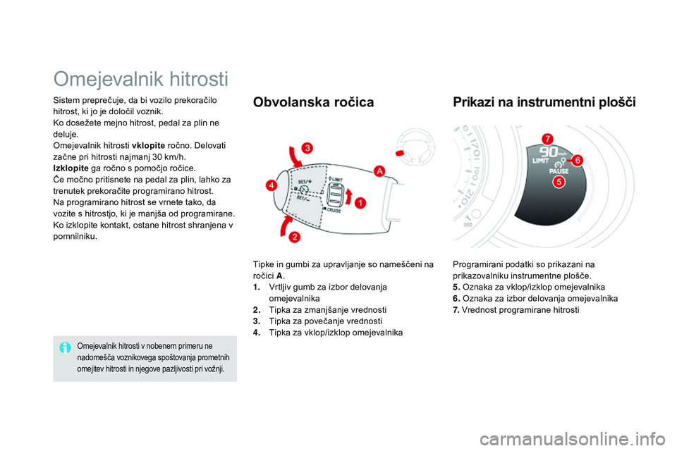 CITROEN DS3 CABRIO 2015 Navodila Za Uporabo (in Slovenian) DS3_sl_Chap06_conduite_ed01-2014
Sistem preprečuje, da bi vozilo prekoračilo
hitrost, ki jo je določil voznik.
Ko dosežete mejno hitrost, pedal za plin ne
deluje.
Omejevalnik hitrosti vklopite r CITROEN DS3 CABRIO 2015 Navodila Za Uporabo (in Slovenian) DS3_sl_Chap06_conduite_ed01-2014
Sistem preprečuje, da bi vozilo prekoračilo
hitrost, ki jo je določil voznik.
Ko dosežete mejno hitrost, pedal za plin ne
deluje.
Omejevalnik hitrosti vklopite r