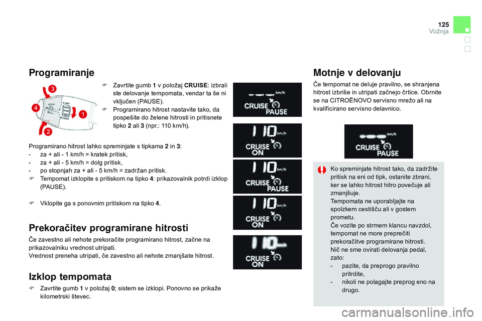 CITROEN DS3 CABRIO 2015 Navodila Za Uporabo (in Slovenian) 125
DS3_sl_Chap06_conduite_ed01-2014
Programiranje
F Zavrtite gumb 1 v položaj CRUISE: izbrali
ste delovanje tempomata, vendar ta še ni
vključen (PAUSE).
F
P
rogramirano hitrost nastavite tako CITROEN DS3 CABRIO 2015 Navodila Za Uporabo (in Slovenian) 125
DS3_sl_Chap06_conduite_ed01-2014
Programiranje
F Zavrtite gumb 1 v položaj CRUISE: izbrali
ste delovanje tempomata, vendar ta še ni
vključen (PAUSE).
F
P
rogramirano hitrost nastavite tako