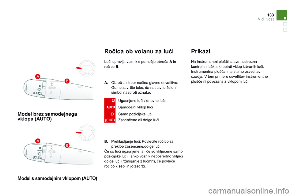 CITROEN DS3 CABRIO 2015 Navodila Za Uporabo (in Slovenian) 133
DS3_sl_Chap07_visibilite_ed01-2014
Model brez samodejnega
vklopa (aUTo)
Model s samodejnim vklopom (aUTo)
Ročica ob volanu za luči
Luči upravlja voznik s pomočjo obroča A in
ročice B.
Sam CITROEN DS3 CABRIO 2015 Navodila Za Uporabo (in Slovenian) 133
DS3_sl_Chap07_visibilite_ed01-2014
Model brez samodejnega
vklopa (aUTo)
Model s samodejnim vklopom (aUTo)
Ročica ob volanu za luči
Luči upravlja voznik s pomočjo obroča A in
ročice B.
Sam