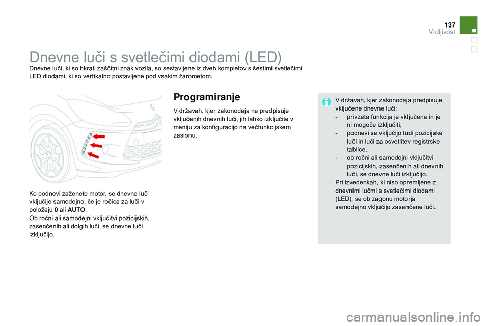 CITROEN DS3 CABRIO 2015 Navodila Za Uporabo (in Slovenian) 137
DS3_sl_Chap07_visibilite_ed01-2014
Dnevne luči s svetlečimi diodami (LED)Dnevne luči, ki so hkrati zaščitni znak vozila, so sestavljene iz dveh kompletov s šestimi svetlečimi
LED diodami, CITROEN DS3 CABRIO 2015 Navodila Za Uporabo (in Slovenian) 137
DS3_sl_Chap07_visibilite_ed01-2014
Dnevne luči s svetlečimi diodami (LED)Dnevne luči, ki so hkrati zaščitni znak vozila, so sestavljene iz dveh kompletov s šestimi svetlečimi
LED diodami,