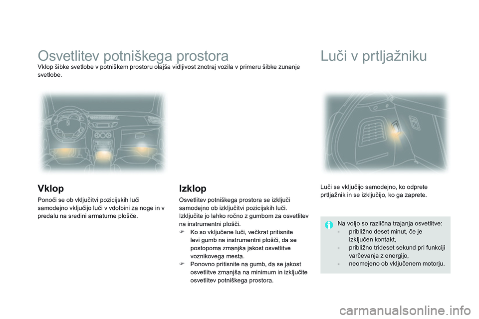 CITROEN DS3 CABRIO 2015 Navodila Za Uporabo (in Slovenian) DS3_sl_Chap07_visibilite_ed01-2014
Osvetlitev potniškega prostoraVklop šibke svetlobe v potniškem prostoru olajša vidljivost znotraj vozila v primeru šibke zunanje
svetlobe.
vklop
Ponoči se ob CITROEN DS3 CABRIO 2015 Navodila Za Uporabo (in Slovenian) DS3_sl_Chap07_visibilite_ed01-2014
Osvetlitev potniškega prostoraVklop šibke svetlobe v potniškem prostoru olajša vidljivost znotraj vozila v primeru šibke zunanje
svetlobe.
vklop
Ponoči se ob