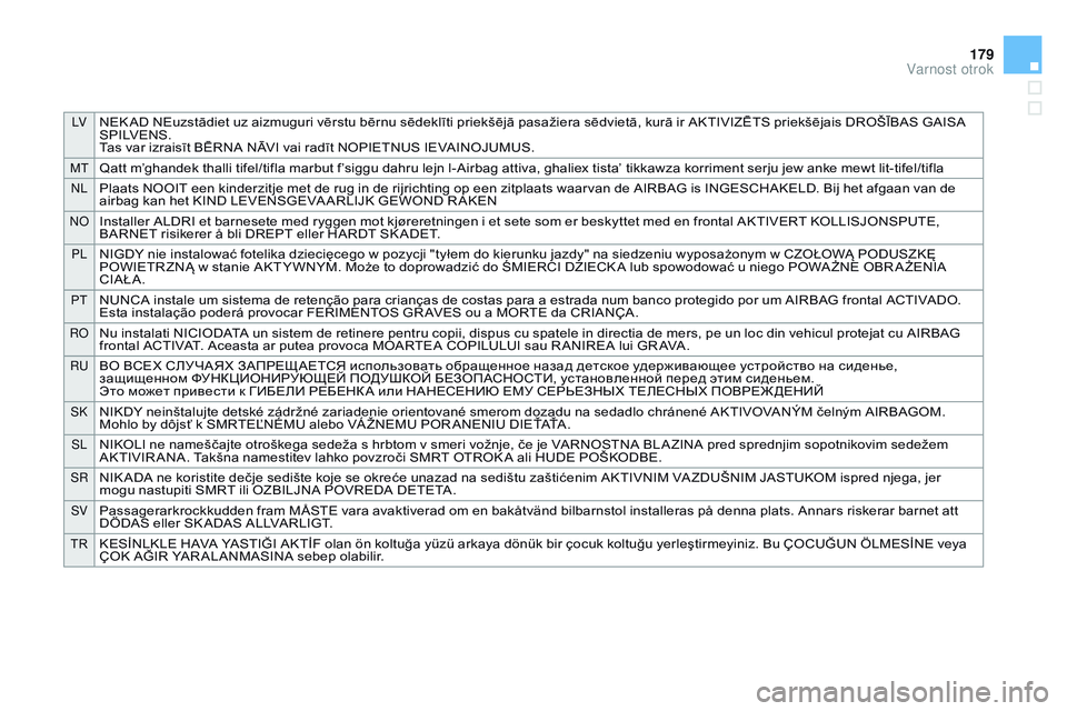 CITROEN DS3 CABRIO 2015  Navodila Za Uporabo (in Slovenian) lvNEK AD NEuzstādiet uz aizmuguri vērstu bērnu sēdeklīti priekšējā pasažiera sēdvietā, kurā ir AKTIVIZĒTS priekšējais DROŠĪBAS GAISA 
S P I LV E N S .
Tas var izraisīt BĒRNA NĀVI v