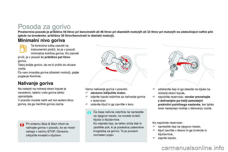CITROEN DS3 CABRIO 2015 Navodila Za Uporabo (in Slovenian) DS3_sl_Chap10_info-pratiques_ed01-2014
Posoda za gorivoProstornina posode je približno 50 litrov pri bencinskih ali 46 litrov pri dizelskih motorjih ali 33 litrov pri motorjih na utekočinjeni naftni CITROEN DS3 CABRIO 2015 Navodila Za Uporabo (in Slovenian) DS3_sl_Chap10_info-pratiques_ed01-2014
Posoda za gorivoProstornina posode je približno 50 litrov pri bencinskih ali 46 litrov pri dizelskih motorjih ali 33 litrov pri motorjih na utekočinjeni naftni