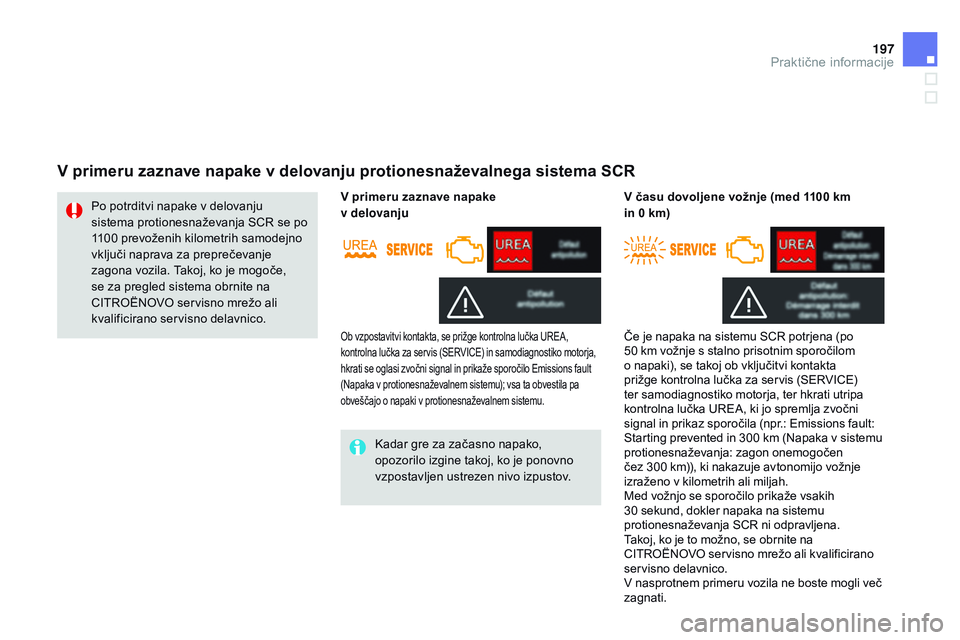 CITROEN DS3 CABRIO 2015 Navodila Za Uporabo (in Slovenian) 197
DS3_sl_Chap10_info-pratiques_ed01-2014
v primeru zaznave napake v delovanju protionesnaževalnega sistema SCR
Kadar gre za začasno napako,
opozorilo izgine takoj, ko je ponovno
vzpostavljen ust CITROEN DS3 CABRIO 2015 Navodila Za Uporabo (in Slovenian) 197
DS3_sl_Chap10_info-pratiques_ed01-2014
v primeru zaznave napake v delovanju protionesnaževalnega sistema SCR
Kadar gre za začasno napako,
opozorilo izgine takoj, ko je ponovno
vzpostavljen ust