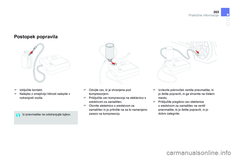 CITROEN DS3 CABRIO 2015 Navodila Za Uporabo (in Slovenian) 203
DS3_sl_Chap10_info-pratiques_ed01-2014
F Izključite kontakt.
F N alepko z omejitvijo hitrosti nalepite v
notranjosti vozila.
Postopek popravila
Iz pnevmatike ne odstranjujte tujkov. F
O
dvijt CITROEN DS3 CABRIO 2015 Navodila Za Uporabo (in Slovenian) 203
DS3_sl_Chap10_info-pratiques_ed01-2014
F Izključite kontakt.
F N alepko z omejitvijo hitrosti nalepite v
notranjosti vozila.
Postopek popravila
Iz pnevmatike ne odstranjujte tujkov. F
O
dvijt