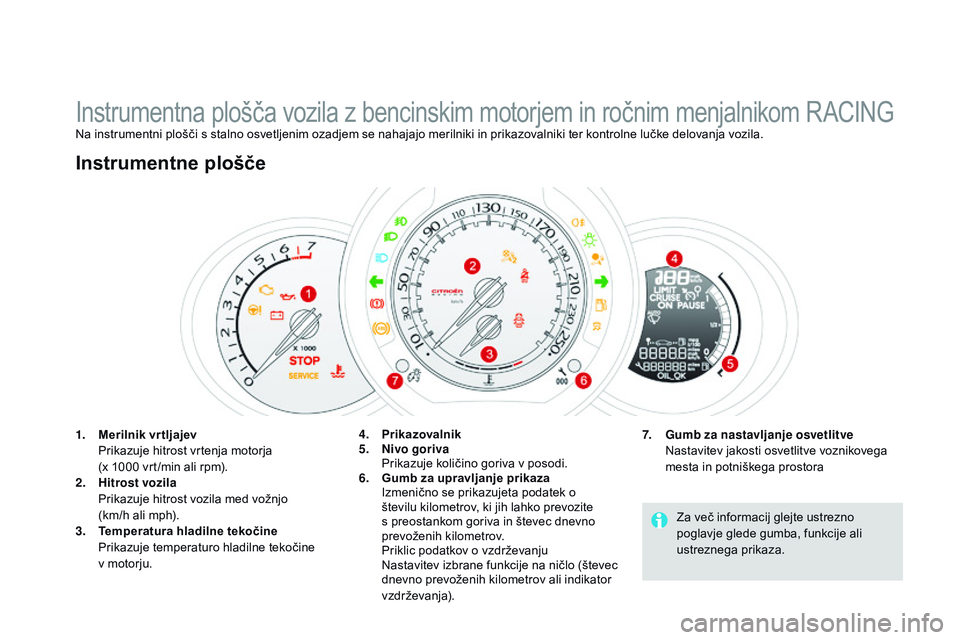 CITROEN DS3 CABRIO 2015 Navodila Za Uporabo (in Slovenian) DS3_sl_Chap01_controle-de-marche_ed01-2014
Instrumentna plošča vozila z bencinskim motorjem in ročnim menjalnikom RACINGNa instrumentni plošči s stalno osvetljenim ozadjem se nahajajo merilniki i CITROEN DS3 CABRIO 2015 Navodila Za Uporabo (in Slovenian) DS3_sl_Chap01_controle-de-marche_ed01-2014
Instrumentna plošča vozila z bencinskim motorjem in ročnim menjalnikom RACINGNa instrumentni plošči s stalno osvetljenim ozadjem se nahajajo merilniki i