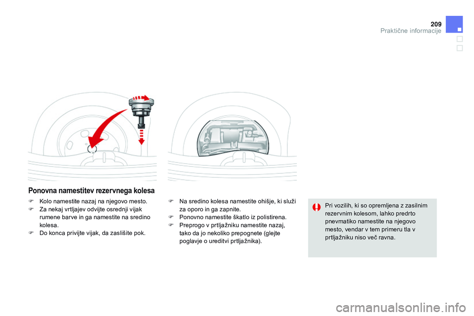 CITROEN DS3 CABRIO 2015 Navodila Za Uporabo (in Slovenian) 209
DS3_sl_Chap10_info-pratiques_ed01-2014
Ponovna namestitev rezervnega kolesa
F Na sredino kolesa namestite ohišje, ki služi za oporo in ga zapnite.
F
P
onovno namestite škatlo iz polistirena. CITROEN DS3 CABRIO 2015 Navodila Za Uporabo (in Slovenian) 209
DS3_sl_Chap10_info-pratiques_ed01-2014
Ponovna namestitev rezervnega kolesa
F Na sredino kolesa namestite ohišje, ki služi za oporo in ga zapnite.
F
P
onovno namestite škatlo iz polistirena.