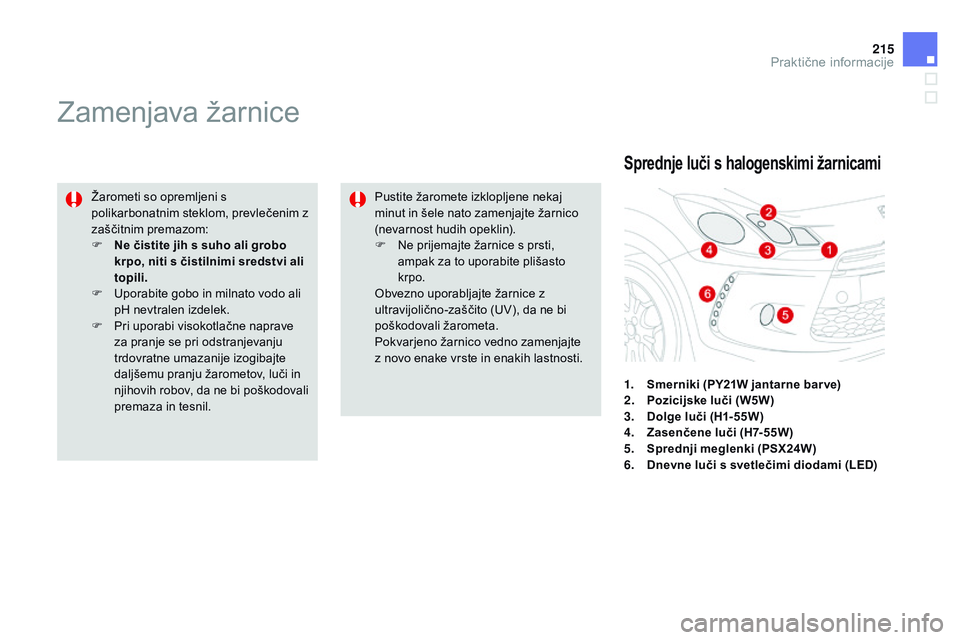 CITROEN DS3 CABRIO 2015 Navodila Za Uporabo (in Slovenian) 215
DS3_sl_Chap10_info-pratiques_ed01-2014
Zamenjava žarnice
Žarometi so opremljeni s
polikarbonatnim steklom, prevlečenim z
zaščitnim premazom:
F n
e č
istite jih s suho ali grobo
krpo, ni CITROEN DS3 CABRIO 2015 Navodila Za Uporabo (in Slovenian) 215
DS3_sl_Chap10_info-pratiques_ed01-2014
Zamenjava žarnice
Žarometi so opremljeni s
polikarbonatnim steklom, prevlečenim z
zaščitnim premazom:
F n
e č
istite jih s suho ali grobo
krpo, ni