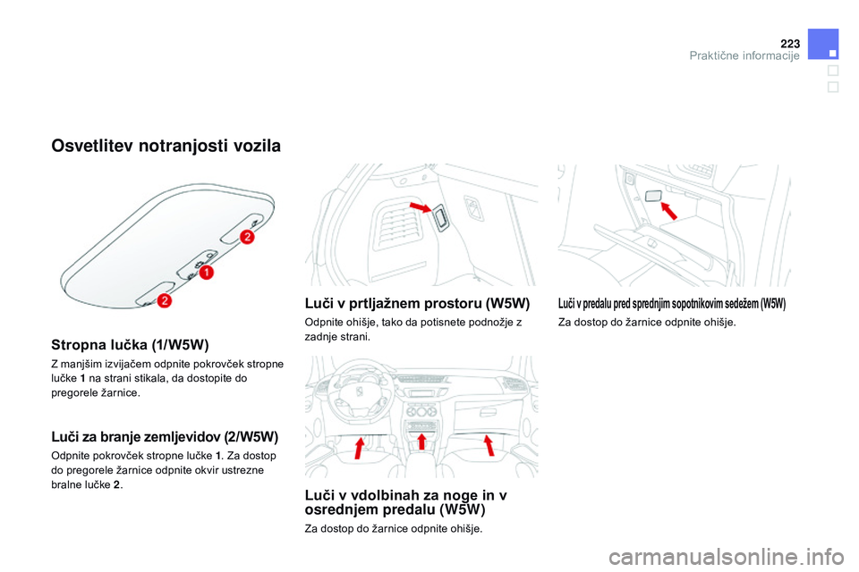 CITROEN DS3 CABRIO 2015  Navodila Za Uporabo (in Slovenian) 223
DS3_sl_Chap10_info-pratiques_ed01-2014
Osvetlitev notranjosti vozila
Stropna lučka (1/W5W)
Z manjšim izvijačem odpnite pokrovček stropne 
lučke 1
  na strani stikala, da dostopite do 
pregore