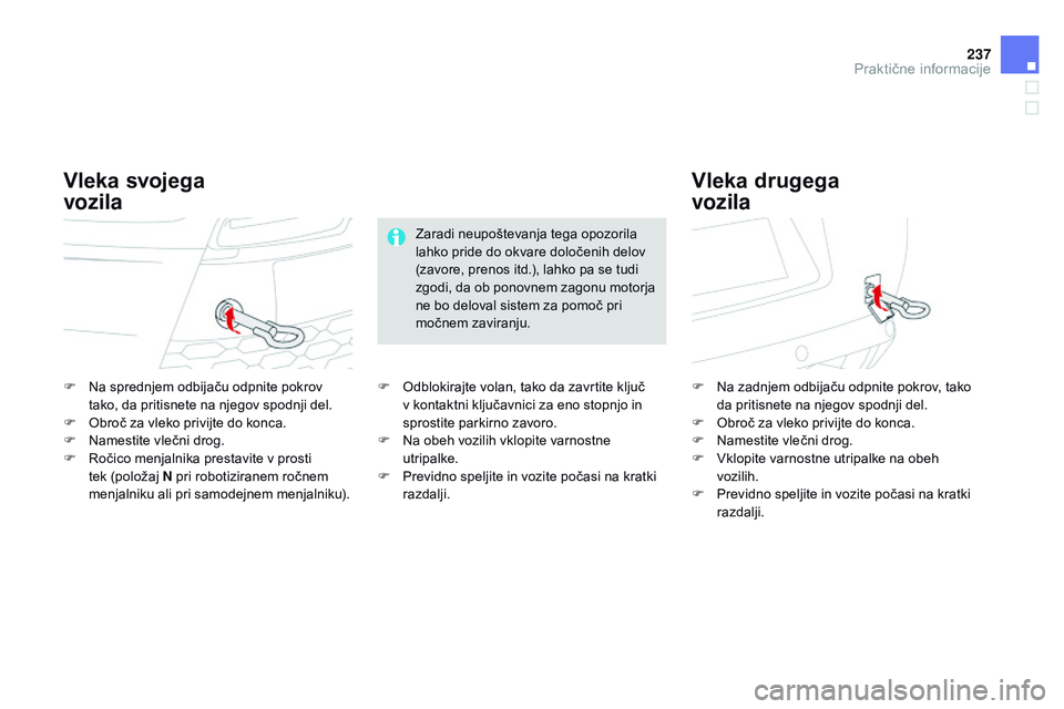 CITROEN DS3 CABRIO 2015  Navodila Za Uporabo (in Slovenian) 237
DS3_sl_Chap10_info-pratiques_ed01-2014
F Na sprednjem odbijaču odpnite pokrov tako, da pritisnete na njegov spodnji del.
F
 
O
 broč za vleko privijte do konca.
F
 
N
 amestite vlečni drog.
F
 