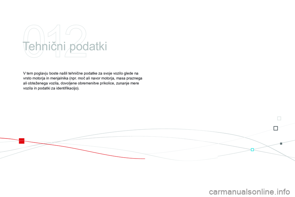 CITROEN DS3 CABRIO 2015 Navodila Za Uporabo (in Slovenian) DS3_sl_Chap12_caracteristiques_ed01-2014
Tehnični podatki
V tem poglavju boste našli tehnične podatke za svoje vozilo glede na
vrsto motorja in menjalnika (npr. moč ali navor motorja, masa prazne CITROEN DS3 CABRIO 2015 Navodila Za Uporabo (in Slovenian) DS3_sl_Chap12_caracteristiques_ed01-2014
Tehnični podatki
V tem poglavju boste našli tehnične podatke za svoje vozilo glede na
vrsto motorja in menjalnika (npr. moč ali navor motorja, masa prazne