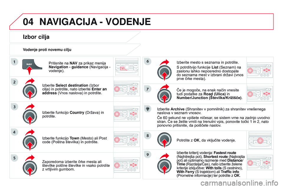 CITROEN DS3 CABRIO 2015 Navodila Za Uporabo (in Slovenian) 04
DS3_sl_Chap13b_RT6-2-8_ed01-2014
Pritisnite na N AV za prikaz menija
Navigation - guidance (Navigacija -
vodenje).
Vodenje proti novemu cilju
Izbor cilja
Izberite Select destination (Izbor
cil CITROEN DS3 CABRIO 2015 Navodila Za Uporabo (in Slovenian) 04
DS3_sl_Chap13b_RT6-2-8_ed01-2014
Pritisnite na N AV za prikaz menija
Navigation - guidance (Navigacija -
vodenje).
Vodenje proti novemu cilju
Izbor cilja
Izberite Select destination (Izbor
cil