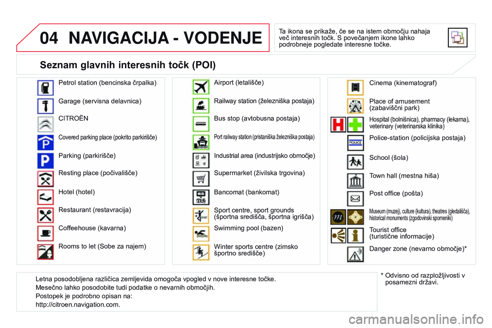 CITROEN DS3 CABRIO 2015 Navodila Za Uporabo (in Slovenian) 04
DS3_sl_Chap13b_RT6-2-8_ed01-2014
NAVIGACIJA - VODENJE
Ta ikona se prikaže, če se na istem območju nahaja
več interesnih točk. S povečanjem ikone lahko
podrobneje pogledate interesne točke. CITROEN DS3 CABRIO 2015 Navodila Za Uporabo (in Slovenian) 04
DS3_sl_Chap13b_RT6-2-8_ed01-2014
NAVIGACIJA - VODENJE
Ta ikona se prikaže, če se na istem območju nahaja
več interesnih točk. S povečanjem ikone lahko
podrobneje pogledate interesne točke.