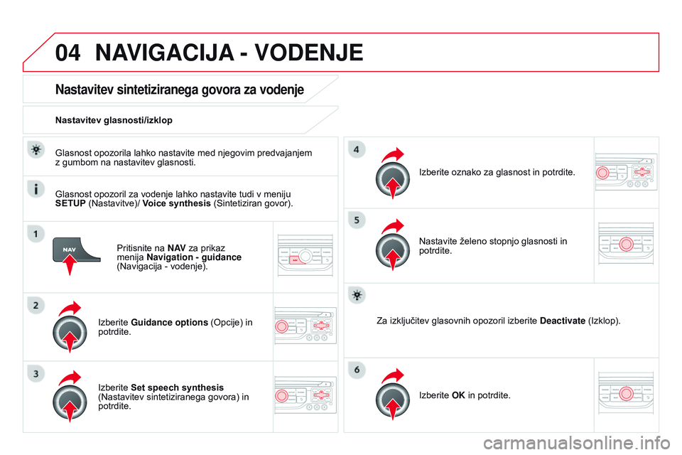 CITROEN DS3 CABRIO 2015 Navodila Za Uporabo (in Slovenian) 04
DS3_sl_Chap13b_RT6-2-8_ed01-2014
Pritisnite na N AV za prikaz
menija Navigation - guidance
(Navigacija
- vodenje).
Nastavitev sintetiziranega govora za vodenje
Izberite Guidance options (Opc CITROEN DS3 CABRIO 2015 Navodila Za Uporabo (in Slovenian) 04
DS3_sl_Chap13b_RT6-2-8_ed01-2014
Pritisnite na N AV za prikaz
menija Navigation - guidance
(Navigacija
- vodenje).
Nastavitev sintetiziranega govora za vodenje
Izberite Guidance options (Opc