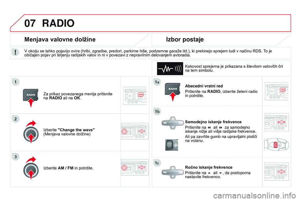 CITROEN DS3 CABRIO 2015 Navodila Za Uporabo (in Slovenian) 07
DS3_sl_Chap13b_RT6-2-8_ed01-2014
Abecedni vrstni red
Pritisnite na RADIO, izberite želeni radio
in potrdite.
Samodejno iskanje frekvence
Pritisnite na 7 ali 8 za samodejno
iskanje nižje ali CITROEN DS3 CABRIO 2015 Navodila Za Uporabo (in Slovenian) 07
DS3_sl_Chap13b_RT6-2-8_ed01-2014
Abecedni vrstni red
Pritisnite na RADIO, izberite želeni radio
in potrdite.
Samodejno iskanje frekvence
Pritisnite na 7 ali 8 za samodejno
iskanje nižje ali