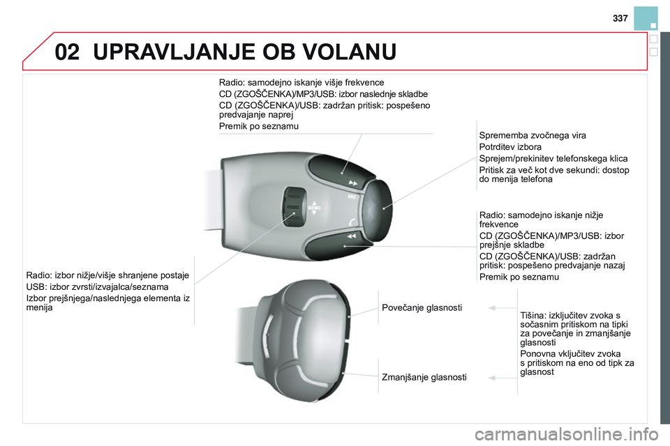 CITROEN DS3 CABRIO 2015 Navodila Za Uporabo (in Slovenian) 02
337
DS3_sl_Chap13c_rD45_ed01_2014
UPRavLjanjE oB voLanU
Radio: samodejno iskanje višje frekvence
CD (ZGOŠČENKA)/MP3/USB: izbor naslednje skladbe
CD (ZGOŠČENKA)/USB: zadržan pritisk: pospešen CITROEN DS3 CABRIO 2015 Navodila Za Uporabo (in Slovenian) 02
337
DS3_sl_Chap13c_rD45_ed01_2014
UPRavLjanjE oB voLanU
Radio: samodejno iskanje višje frekvence
CD (ZGOŠČENKA)/MP3/USB: izbor naslednje skladbe
CD (ZGOŠČENKA)/USB: zadržan pritisk: pospešen