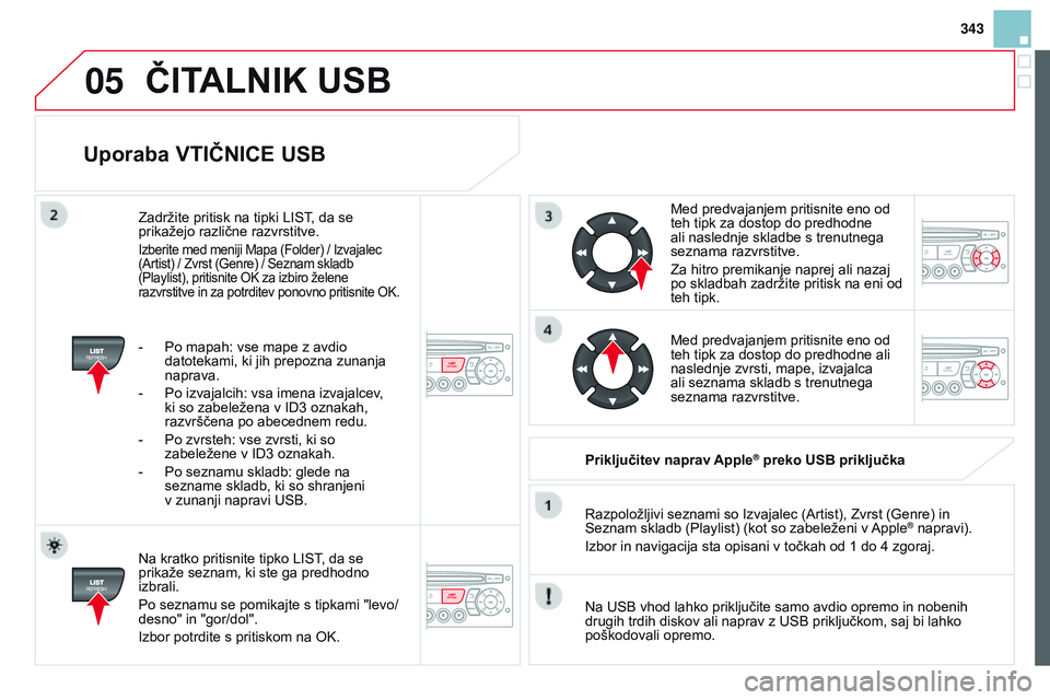 CITROEN DS3 CABRIO 2015 Navodila Za Uporabo (in Slovenian) 05
343
DS3_sl_Chap13c_rD45_ed01_2014
Uporaba vTIČ n ICE USB
Na kratko pritisnite tipko LIST, da se
prikaže seznam, ki ste ga predhodno
izbrali.
Po seznamu se pomikajte s tipkami "levo/
desno CITROEN DS3 CABRIO 2015 Navodila Za Uporabo (in Slovenian) 05
343
DS3_sl_Chap13c_rD45_ed01_2014
Uporaba vTIČ n ICE USB
Na kratko pritisnite tipko LIST, da se
prikaže seznam, ki ste ga predhodno
izbrali.
Po seznamu se pomikajte s tipkami "levo/
desno