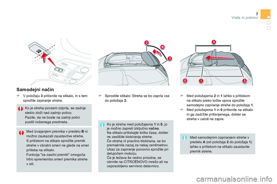CITROEN DS3 CABRIO 2015  Navodila Za Uporabo (in Slovenian) 7Vrata in pokrovi
   
Samodejni način 
 
 
 
�) 
  V položaju  3  
pritisnite na stikalo, in s tem 
sprožite zapiranje strehe. 
   
Ko je streha povsem odprta, se zadnje 
steklo zloži nad zadnjo p