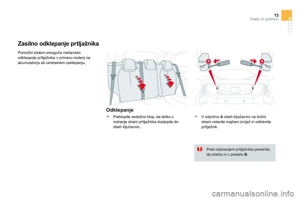 CITROEN DS3 CABRIO 2015  Navodila Za Uporabo (in Slovenian) 13Vrata in pokrovi
  Pomožni sistem omogoča mehansko 
odklepanje prtljažnika v primeru motenj na 
akumulatorju ali centralnem zaklepanju. 
   
Odklepanje 
 
 
 
 
 
 
 
Zasilno odklepanje prtljažn