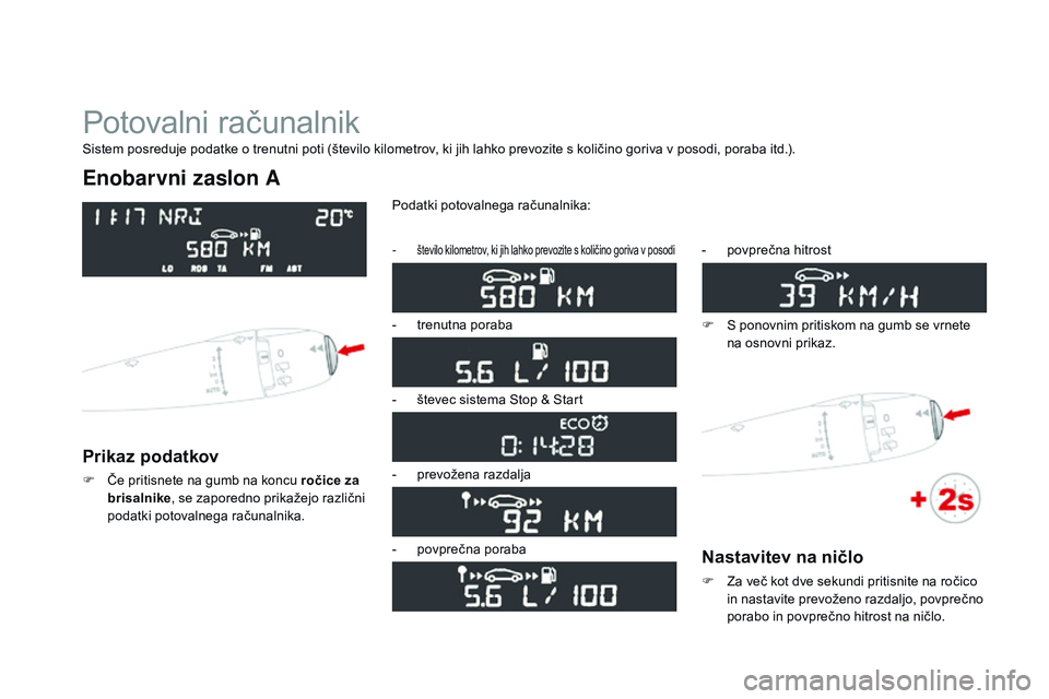 CITROEN DS3 CABRIO 2015  Navodila Za Uporabo (in Slovenian) DS3_sl_Chap01_controle-de-marche_ed01-2014
Potovalni računalnik
Enobarvni zaslon A
Prikaz podatkov
F Če pritisnete na gumb na koncu ročice za brisalnike , se zaporedno prikažejo različni 
podatki