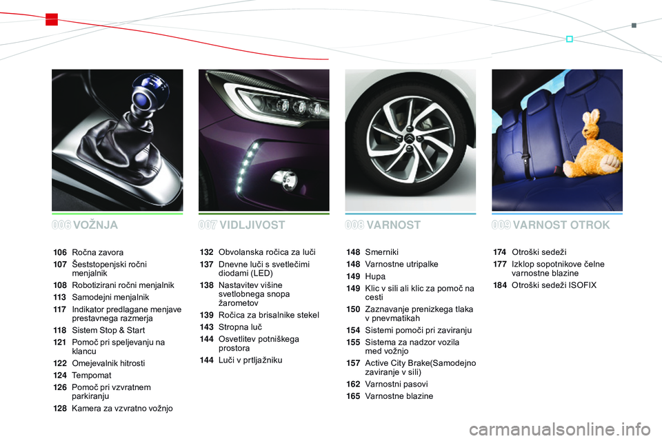 CITROEN DS3 CABRIO 2015  Navodila Za Uporabo (in Slovenian) DS3_sl_Chap00a_sommaire_ed01-2014
VARNOSTv
ožnjaV ARNOST OTROK
174 Otroški sedeži
17 7
 I

zklop sopotnikove čelne 
varnostne blazine
184
 O

troški sedeži ISOFIX
14 8 S
merniki
14 8
 V

arnostn
