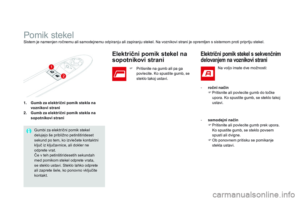CITROEN DS3 CABRIO 2015 Navodila Za Uporabo (in Slovenian) DS3_sl_Chap03_ouvertures_ed01-2014
1. Gumb za električni pomik stekla na voznikovi strani
2.
G
umb za električni pomik stekla na
sopotnikovi strani
Pomik stekelSistem je namenjen ročnemu ali sam CITROEN DS3 CABRIO 2015 Navodila Za Uporabo (in Slovenian) DS3_sl_Chap03_ouvertures_ed01-2014
1. Gumb za električni pomik stekla na voznikovi strani
2.
G
umb za električni pomik stekla na
sopotnikovi strani
Pomik stekelSistem je namenjen ročnemu ali sam