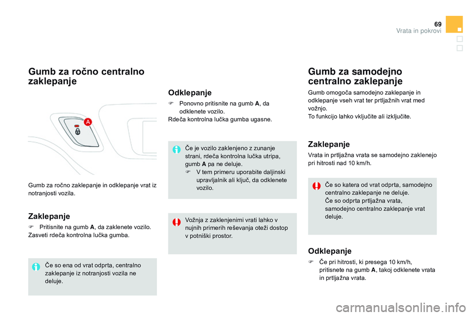 CITROEN DS3 CABRIO 2015 Navodila Za Uporabo (in Slovenian) 69
DS3_sl_Chap03_ouvertures_ed01-2014
Gumb za ročno zaklepanje in odklepanje vrat iz
notranjosti vozila.
Gumb za ročno centralno
zaklepanje
Zaklepanje
F Pritisnite na gumb A, da zaklenete vozilo.
CITROEN DS3 CABRIO 2015 Navodila Za Uporabo (in Slovenian) 69
DS3_sl_Chap03_ouvertures_ed01-2014
Gumb za ročno zaklepanje in odklepanje vrat iz
notranjosti vozila.
Gumb za ročno centralno
zaklepanje
Zaklepanje
F Pritisnite na gumb A, da zaklenete vozilo.