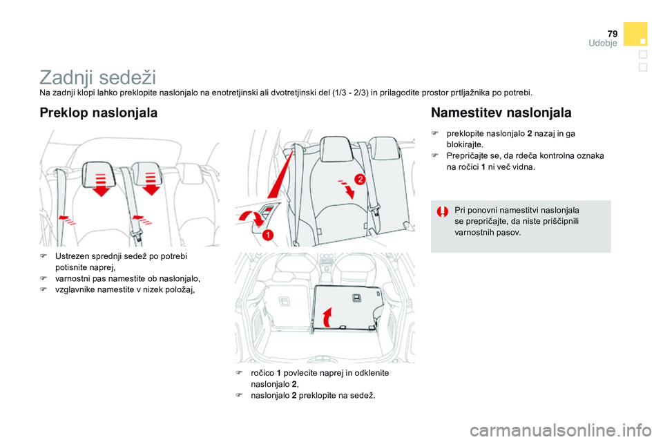CITROEN DS3 CABRIO 2015 Navodila Za Uporabo (in Slovenian) 79
DS3_sl_Chap04_confort_ed01-2014
Zadnji sedežiNa zadnji klopi lahko preklopite naslonjalo na enotretjinski ali dvotretjinski del (1/3 - 2/3) in prilagodite prostor prtljažnika po potrebi.
F
U
s CITROEN DS3 CABRIO 2015 Navodila Za Uporabo (in Slovenian) 79
DS3_sl_Chap04_confort_ed01-2014
Zadnji sedežiNa zadnji klopi lahko preklopite naslonjalo na enotretjinski ali dvotretjinski del (1/3 - 2/3) in prilagodite prostor prtljažnika po potrebi.
F
U
s