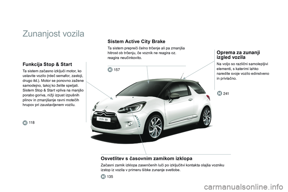 CITROEN DS3 CABRIO 2015  Navodila Za Uporabo (in Slovenian) DS3_sl_Chap00b_vue-ensemble_ed01-2014
Zunanjost vozila
Oprema za zunanji 
izgled vozila
Na voljo so različni samolepljivi 
elementi, s katerimi lahko 
naredite svoje vozilo edinstveno 
in privlačno.