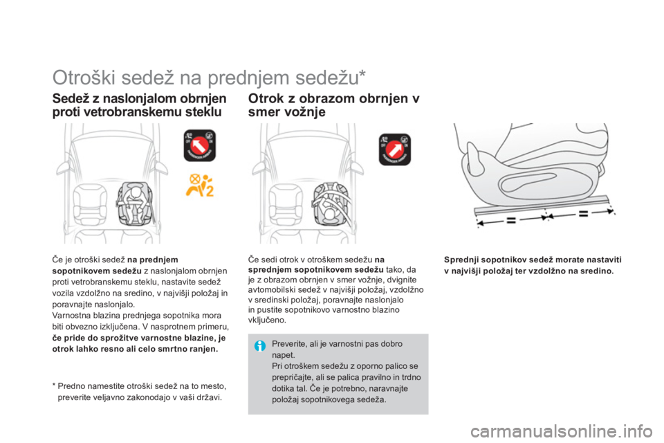 CITROEN DS3 CABRIO 2014 Navodila Za Uporabo (in Slovenian)
Otroški sedež na prednjem sedežu *
Sedež z naslonjalom obrnjen
proti vetrobranskemu steklu
Otrok z obrazom obrn
jen v
smer vožn
je
Sprednji sopotnikov sedež morate nast CITROEN DS3 CABRIO 2014 Navodila Za Uporabo (in Slovenian)
Otroški sedež na prednjem sedežu *
Sedež z naslonjalom obrnjen
proti vetrobranskemu steklu
Otrok z obrazom obrn
jen v
smer vožn
je
Sprednji sopotnikov sedež morate nast